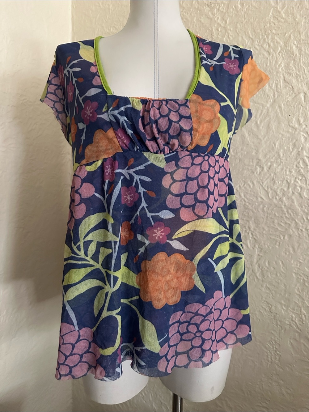 Sweet Pea Vintage 2000s Mesh Empire Waist Babydoll Top Blue Green Purple Floral